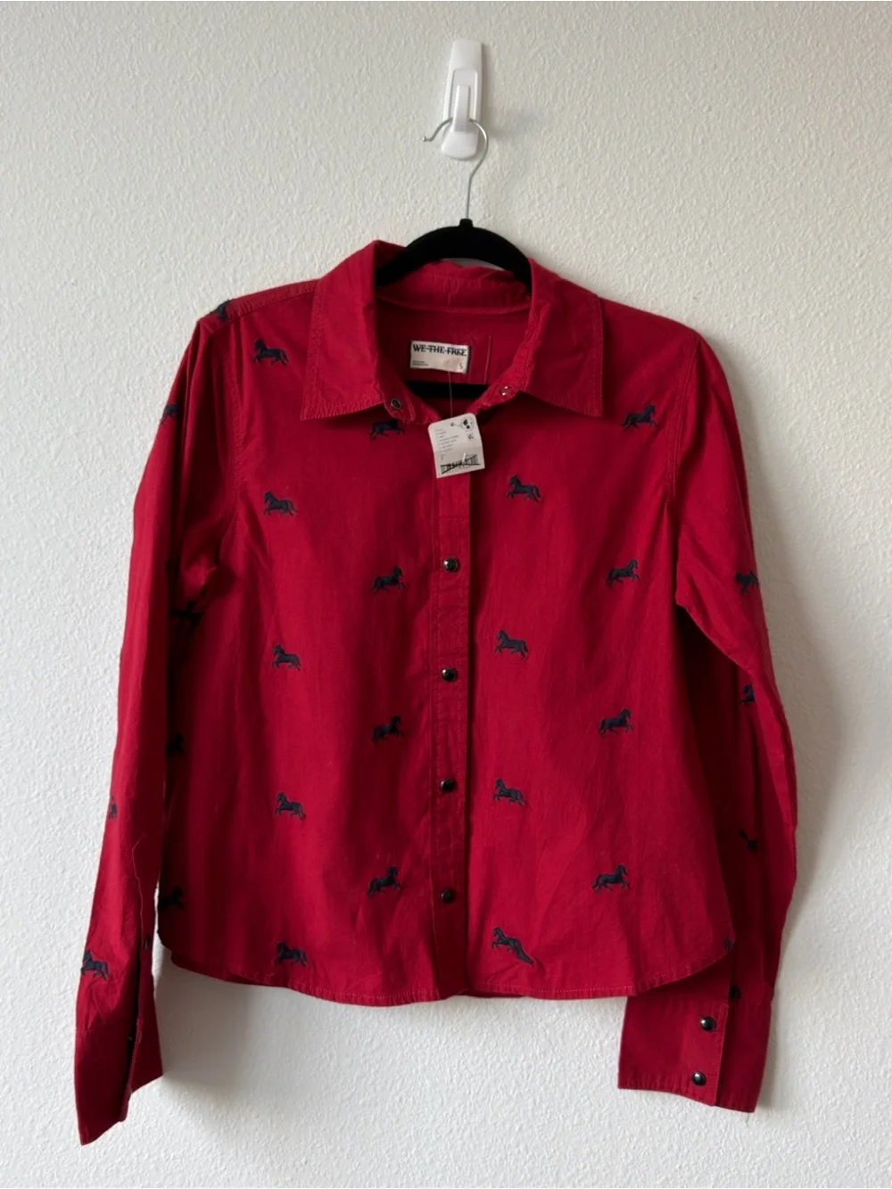 Free People Red Button-Down Shirt with Navy Embroidered Horses